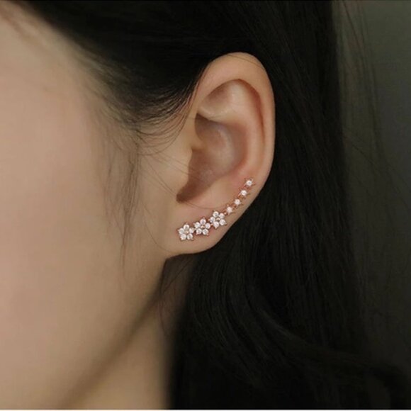 Cherry Blossom Diamond Climber/Crawler Floral Gold Dainty Wedding Gift Earrings - Picture 8 of 8